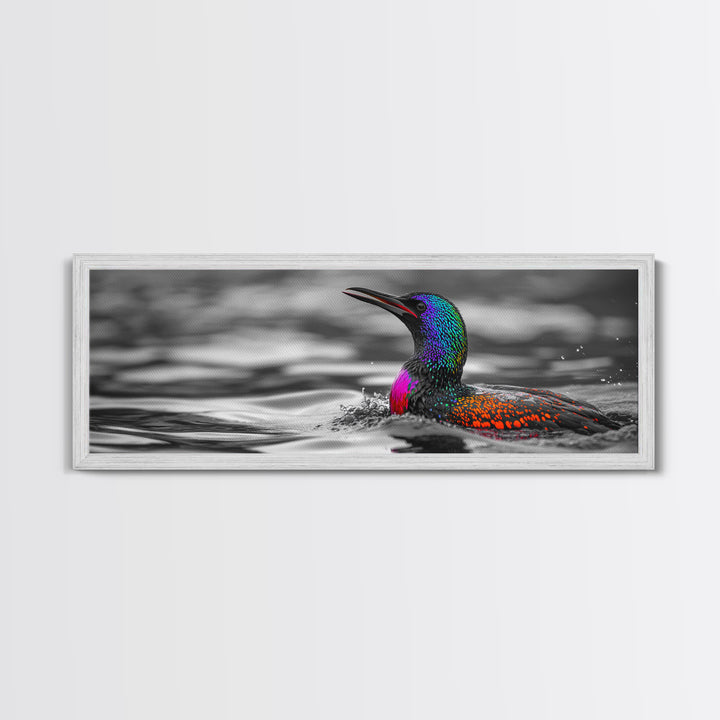 Colorful Loon, Rainbow Feathers, Water Splash, Unique Wildlife, Framed Canvas Print, Bathroom Wall Art, Eclectic Style, Birdwatcher Gift