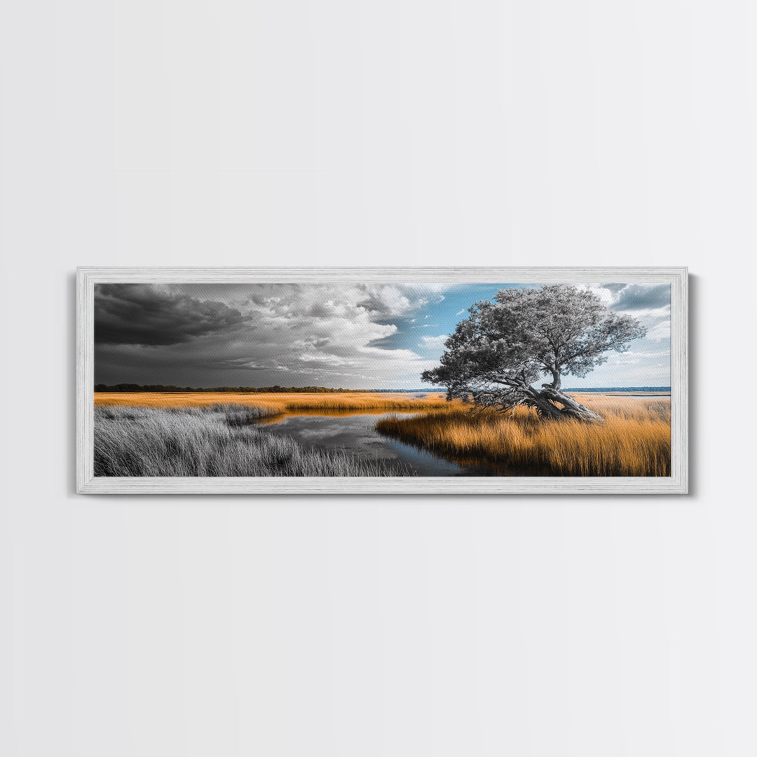 Autumn Marsh, Windswept Tree, Golden Grass, Storm Sky, Framed Canvas Print, Fall Wall Art, Living Room Decor, Rustic Landscape