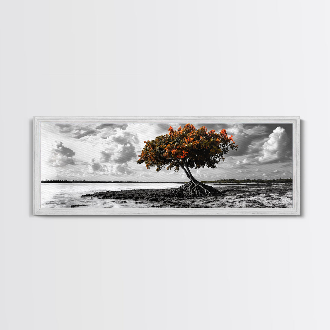 Mangrove Tree, Coastal Roots, Windswept Shore, Stormy Sky, Framed Canvas Print, Entryway Wall Art, Tropical Nature Art, Minimalist Style