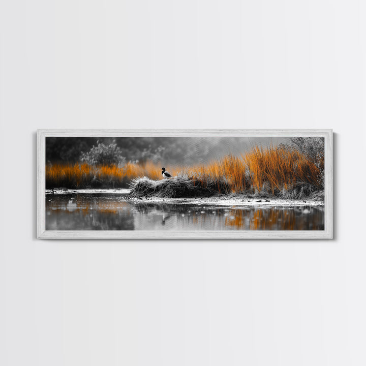 Autumn Marsh Scene, Duck Reflection, Moody Landscape, Canvas Print, Fall nature wall art, rustic home decor, cabin wall print