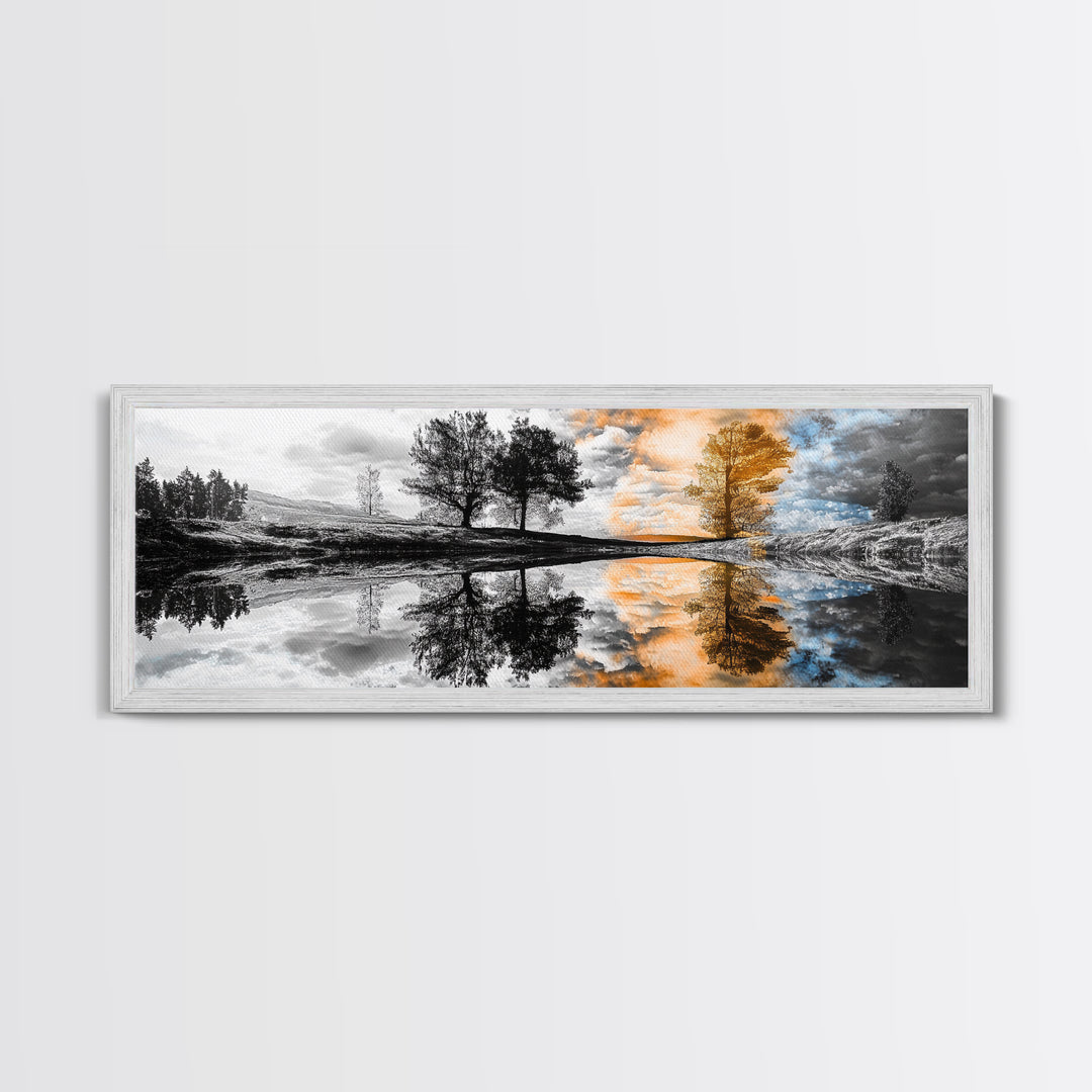 Surreal Reflection, Tree Silhouettes, Split Sky, Framed Canvas Print, trippy landscape art, black and white dreamy wall decor