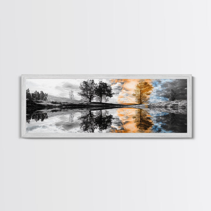 Surreal Reflection, Tree Silhouettes, Split Sky, Framed Canvas Print, trippy landscape art, black and white dreamy wall decor