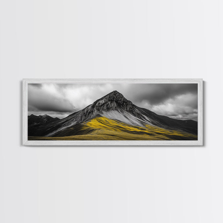 Black Mountain Peak, Moody Sky, Bold Yellow Hillside, Framed Canvas Print, Nature Art, Bedroom Wall Decor, Modern Landscape Print
