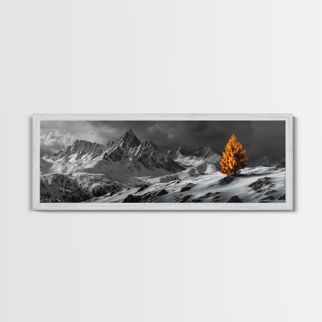 Lone Golden Tree, Snowy Mountains, Dramatic Sky, Canvas Print, Winter Wall Art, Moody Landscape, Minimalist Home Decor
