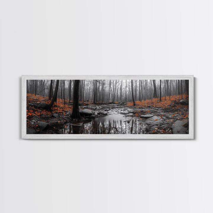Autumn Forest Stream, Bare Trees, Orange Leaves, Framed Canvas Print, Fall Wall Art, Cozy Nature Scene, Entryway Decor