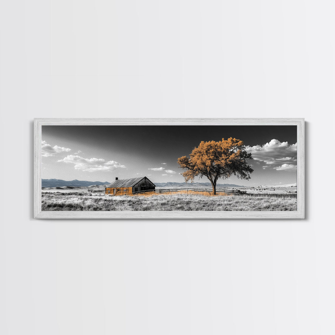 Prairie Cabin, Golden Tree, Rural Landscape, Open Sky, Framed Canvas Print, Country Decor, Farmhouse Wall Art, Rustic Bedroom Style