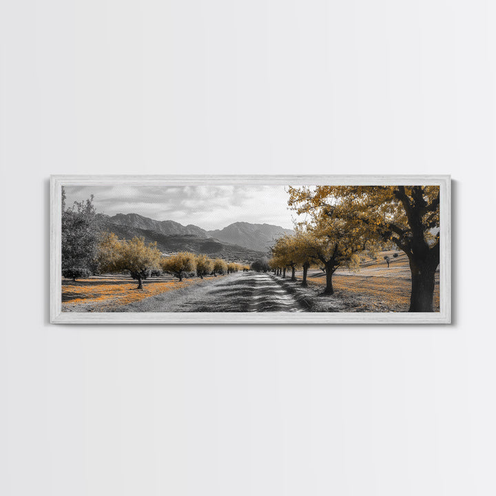 Autumn Orchard, Tree Tunnel, Mountain Path, Golden Fields, Framed Canvas Print, Fall Landscape Art, Rustic Farmhouse Decor, Dining Room Wall Art