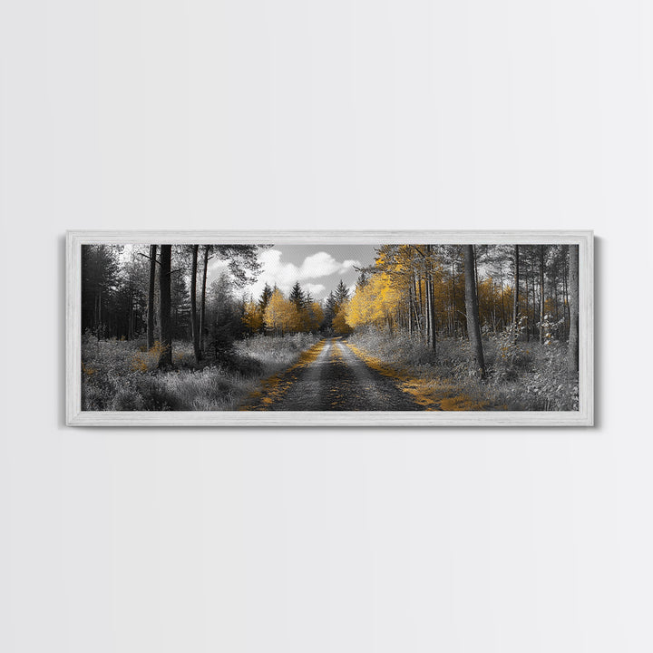 Forest Trail, Autumn Glow, Woodland Path, Golden Trees, Framed Canvas Print, Nature Wall Art, Rustic Cabin Decor, Fall Entryway Artwork