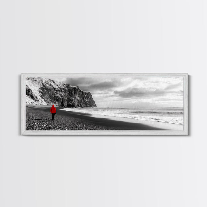 Red Jacket Wanderer, Moody Coastal Cliff Scene, Monochrome Photography, Framed Canvas Print, Modern Minimalist Office Wall Art