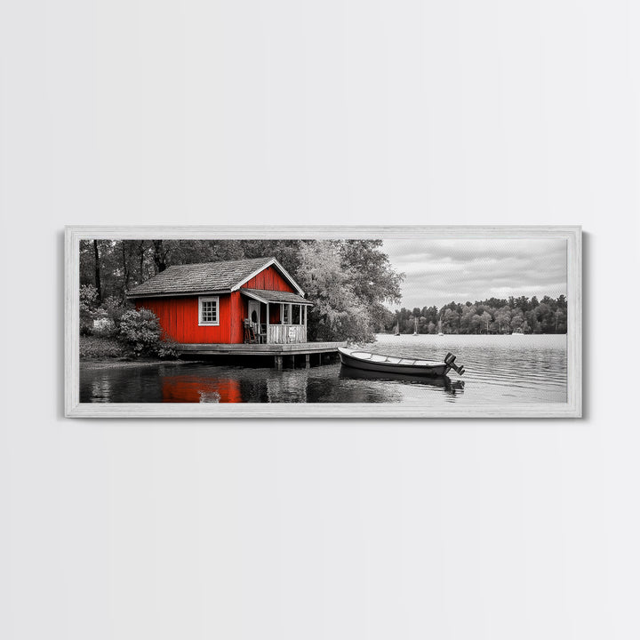 Lakeside Cabin Red, Boat House Retreat, Serene Waterfront, Autumn Color Pop, Canvas Print, Cozy Living Room Wall Art, Nature Home Decor
