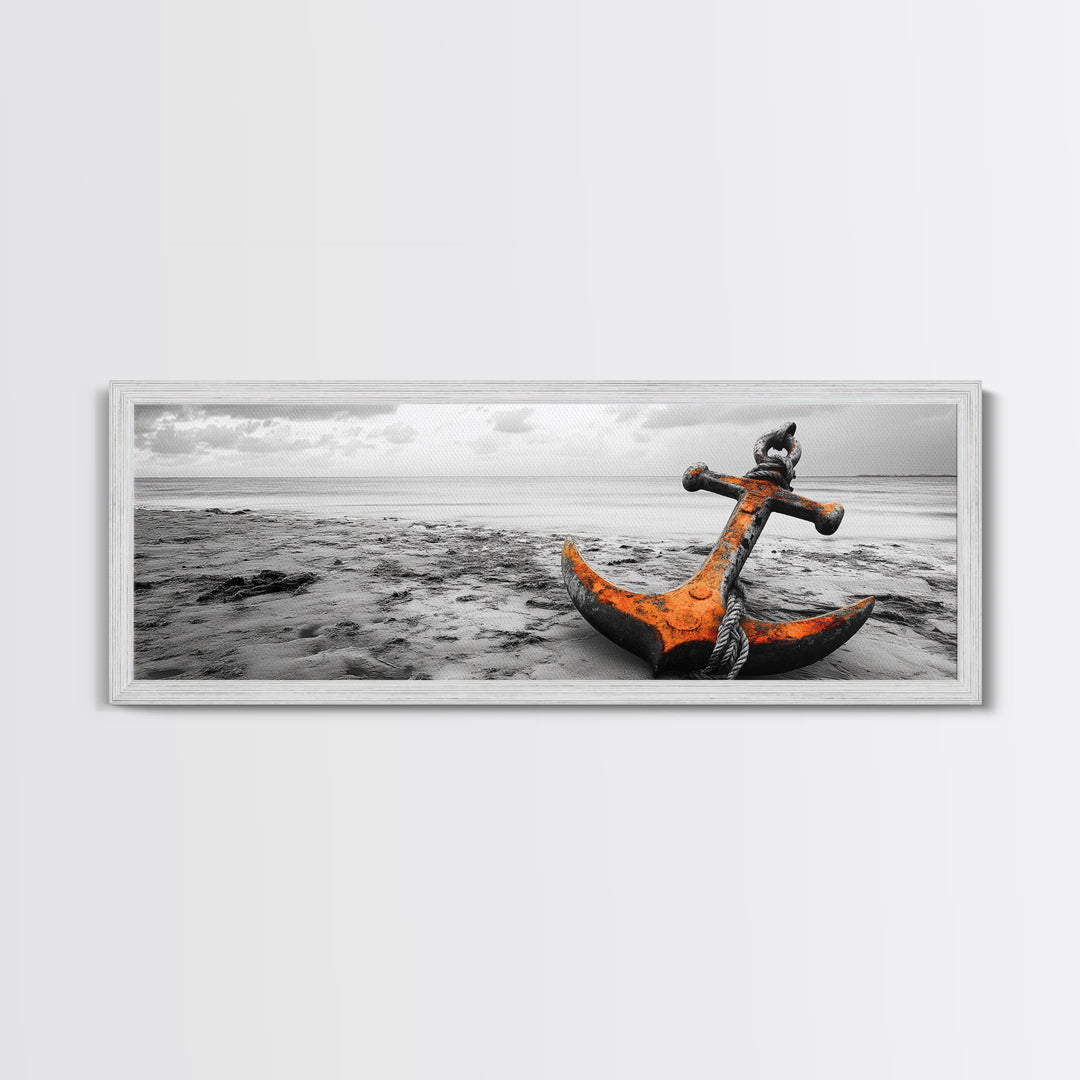 Rusted Anchor, Coastal Decay, Ocean Shore, Nautical Minimalism, Framed Canvas Print, Beach House Wall Art, Bathroom Wall Decor