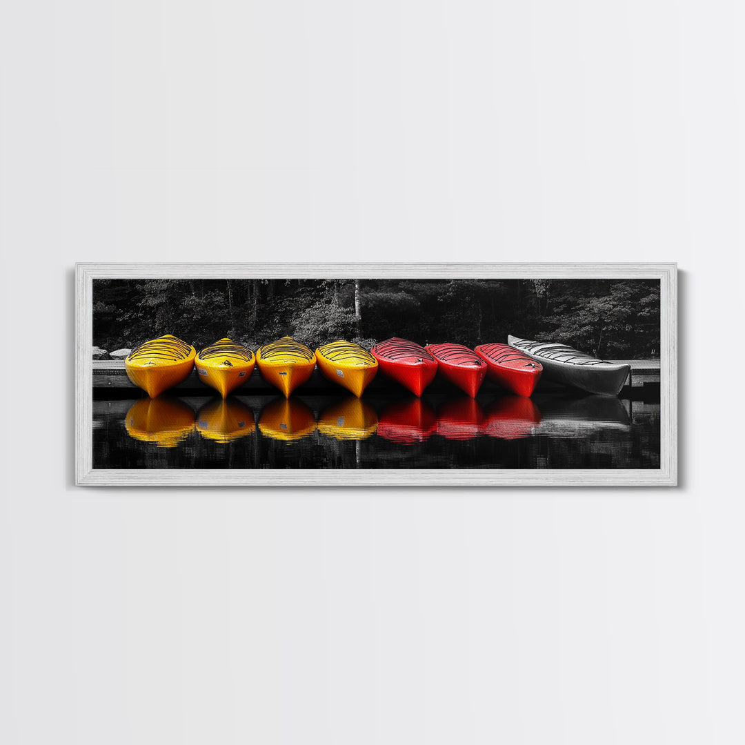 Canoes Docked, Reflection Scene, Kayak Art, Framed Canvas Print, Adventure Wall Art, Boho Water Sports, Cabin Living Room Decor