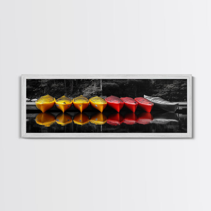 Canoes Docked, Reflection Scene, Kayak Art, Framed Canvas Print, Adventure Wall Art, Boho Water Sports, Cabin Living Room Decor