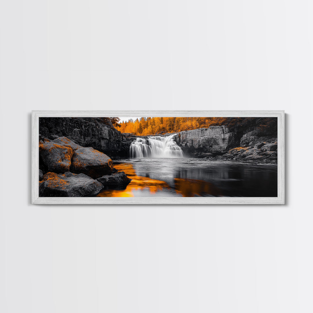 Autumn Waterfall, Fall Trees, Golden Reflections, Tranquil Scene, Framed Canvas Print, Nature Wall Art, Seasonal Decor, Cozy Living Room