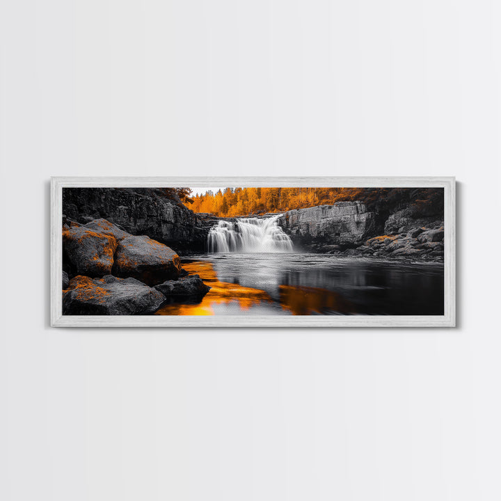 Autumn Waterfall, Fall Trees, Golden Reflections, Tranquil Scene, Framed Canvas Print, Nature Wall Art, Seasonal Decor, Cozy Living Room