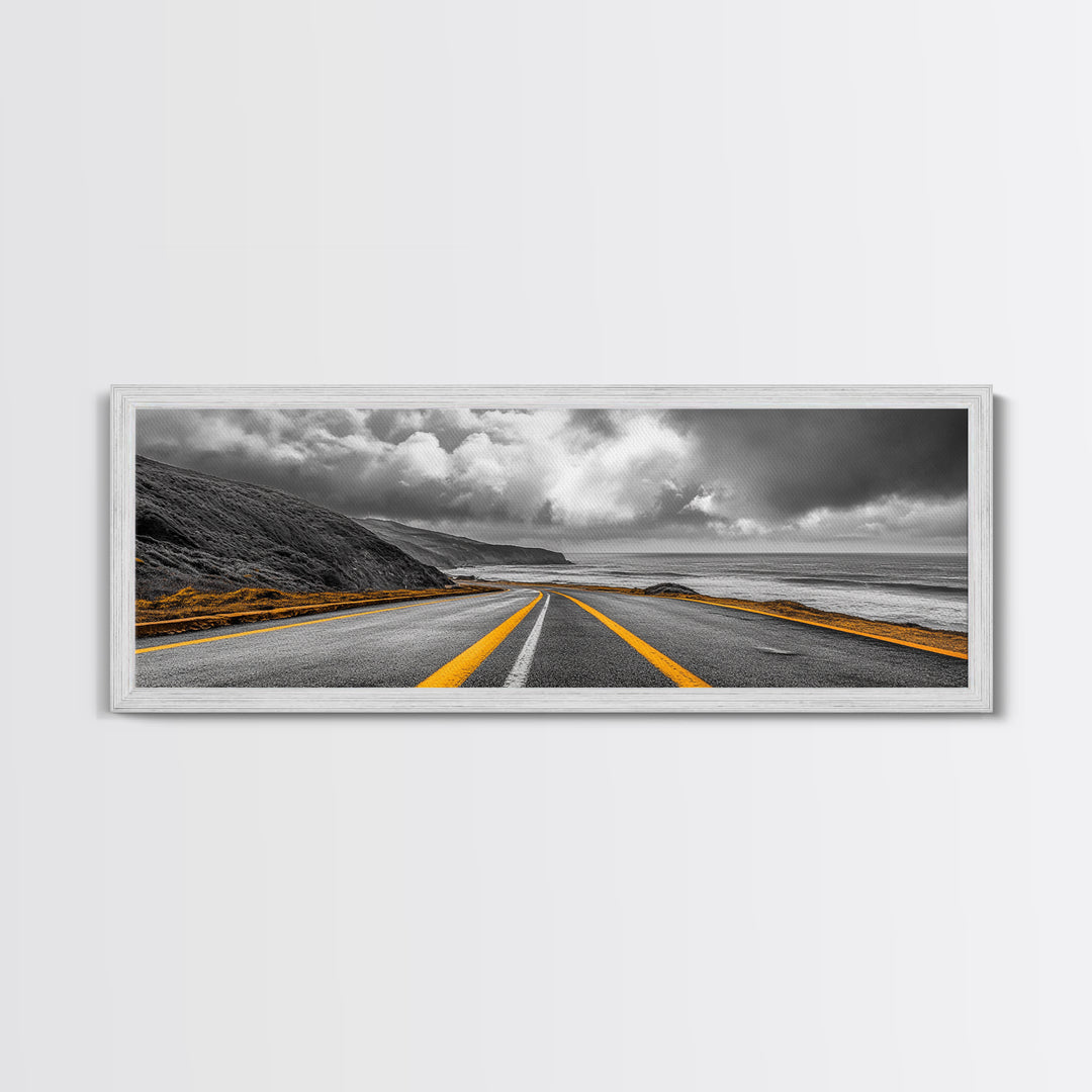 Coastal Highway Drive, Scenic Ocean Road, Stormy Sky Vibes, Framed Canvas Print, Modern Wall Art, Office Decor, Monochrome Landscape