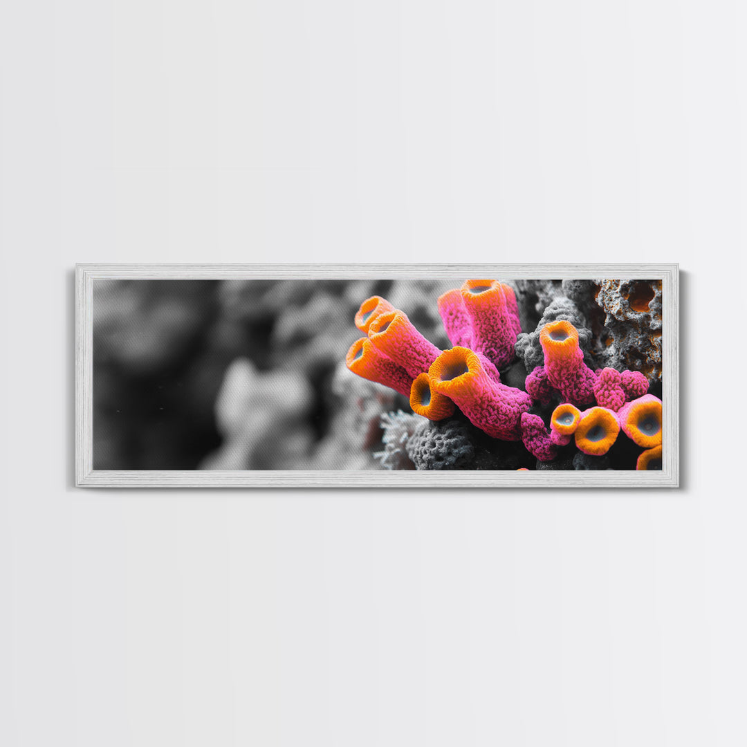 Neon Coral Closeup, Vibrant Underwater Detail, Oceanic Texture Wall Art, Framed Canvas Print, Bathroom Decor, Coastal Modern Style