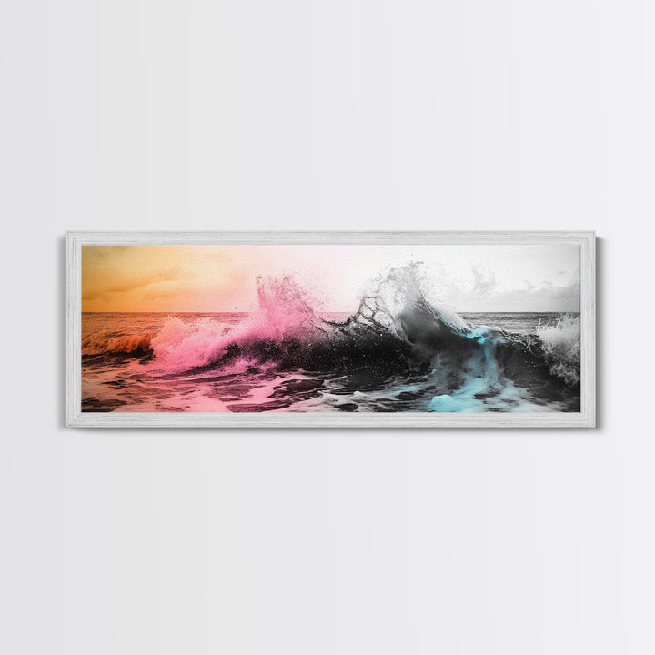 Crashing Ocean Wave, Pastel Color Splash, Moody Coastal Storm, Framed Canvas Print, Bathroom Wall Art, Surfer Beach Vibes