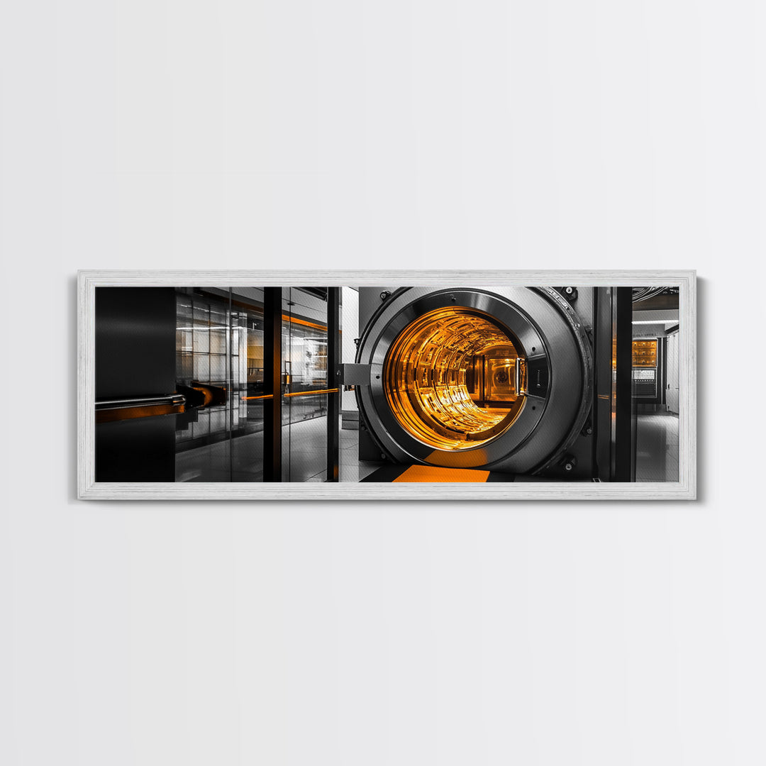 Bank Vault, Futuristic Glow, Industrial Design, Gold Tones, Framed Canvas Print, Office Wall Art, Cyberpunk Decor, Grunge Decor