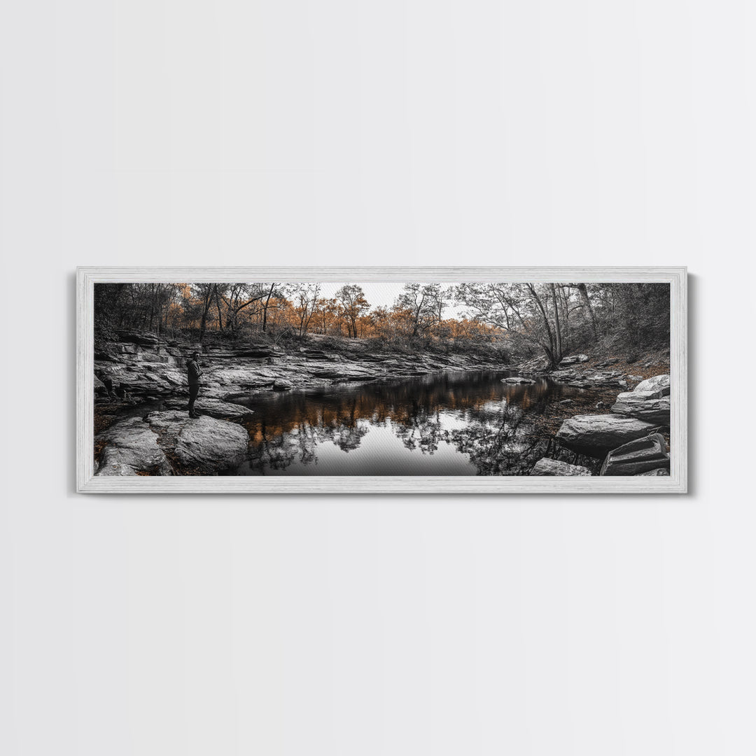 Peaceful Creek View, Fall Foliage Forest, Nature Wall Art, Fishing Scene, Framed Canvas Print, Rustic Home Decor, Autumn Photography