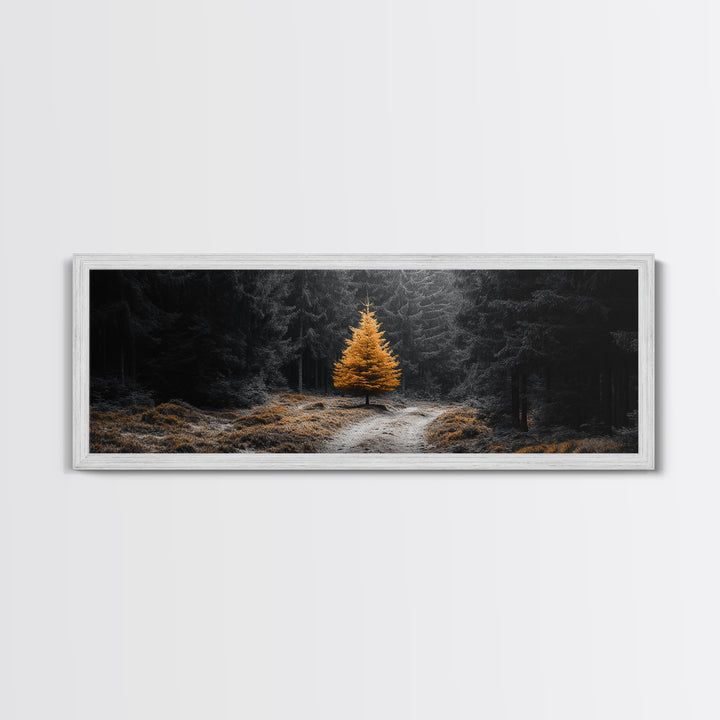 Lone Golden Tree, Forest Path Landscape, Moody Nature Wall Art, Framed Canvas Print, Minimalist Fall Decor, Entryway Accent Piece