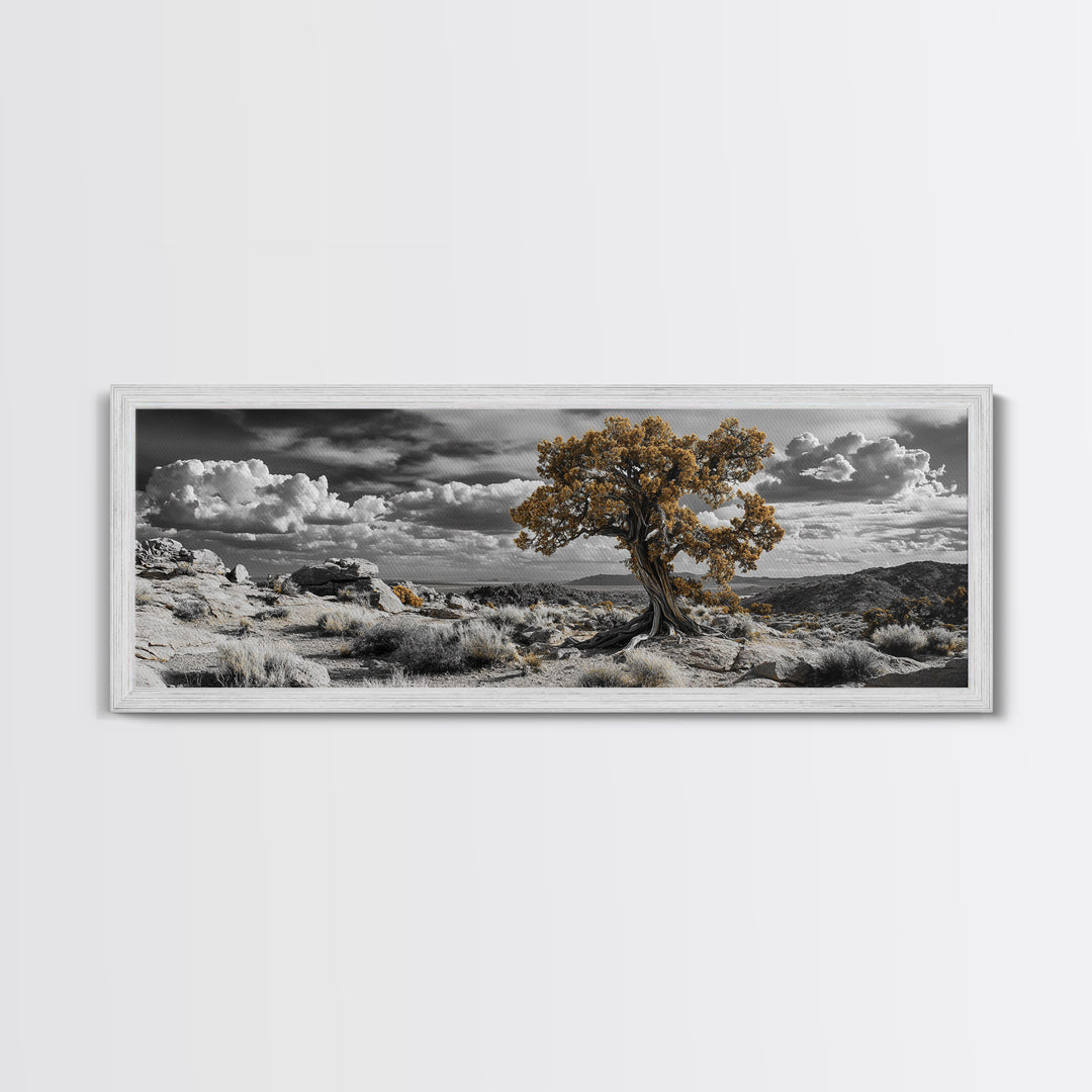 Twisted Desert Tree, Rocky Canyon Art, Dramatic Sky Nature Scene, Framed Canvas Print, Rustic Wall Decor, Moody Western Home Aesthetic