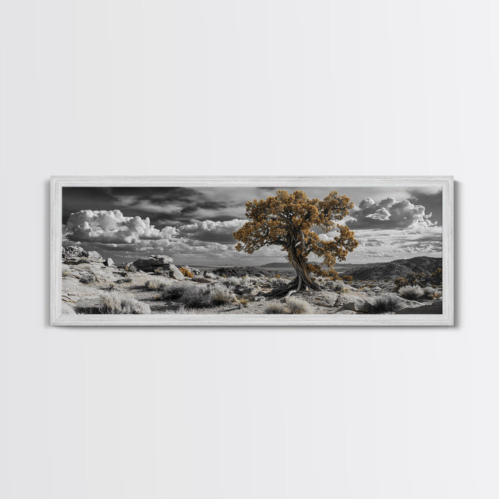 Twisted Desert Tree, Rocky Canyon Art, Dramatic Sky Nature Scene, Framed Canvas Print, Rustic Wall Decor, Moody Western Home Aesthetic