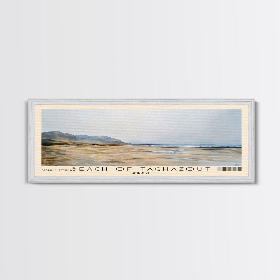 Beach of Taghazout, Morocco Watercolor Beach Print, Vacation Gift, Morocco Wall Art, Framed Canvas Print, Framed Beach Painting