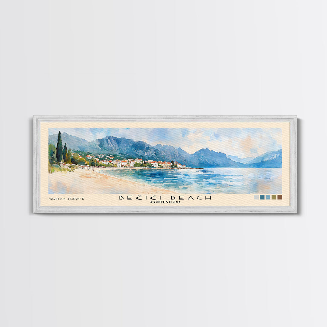 Bečići Beach, Montenegro Watercolor Print, Vacation Gift, Montenegro Wall Art, Beach Painting, Beach Decor, Large Wall Art, Wood Frame Art
