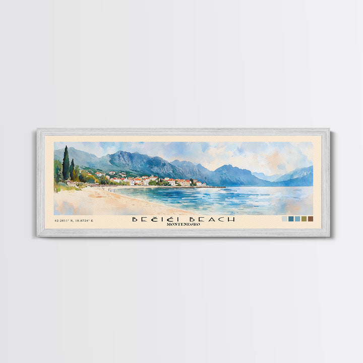 Bečići Beach, Montenegro Watercolor Print, Vacation Gift, Montenegro Wall Art, Beach Painting, Beach Decor, Large Wall Art, Wood Frame Art