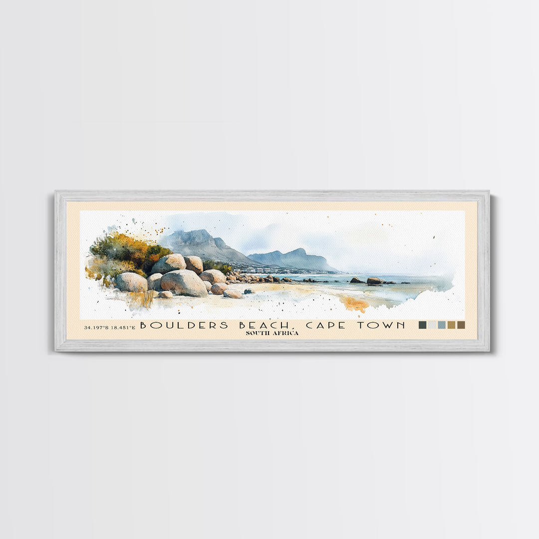 Boulders Beach, Cape Town, South Africa Watercolor Print, Vacation Gift, South Africa Wall Art, Beach Painting, Beach Decor, Large Wall Art, Wood Frame Art