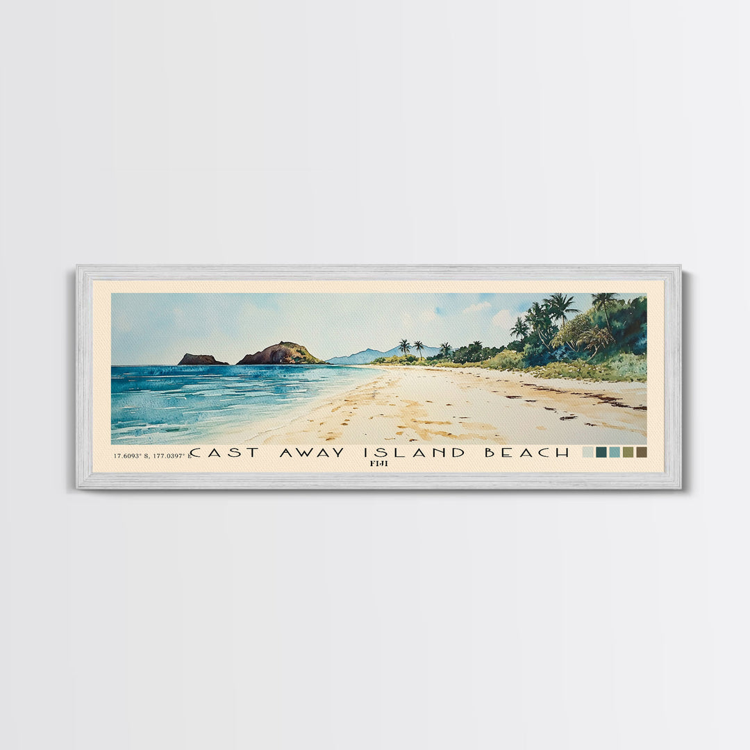 Cast Away Island Beach, Fiji Watercolor Print, Vacation Gift, Fiji Wall Art, Beach Painting, Beach Decor, Large Wall Art, Wood Frame Art