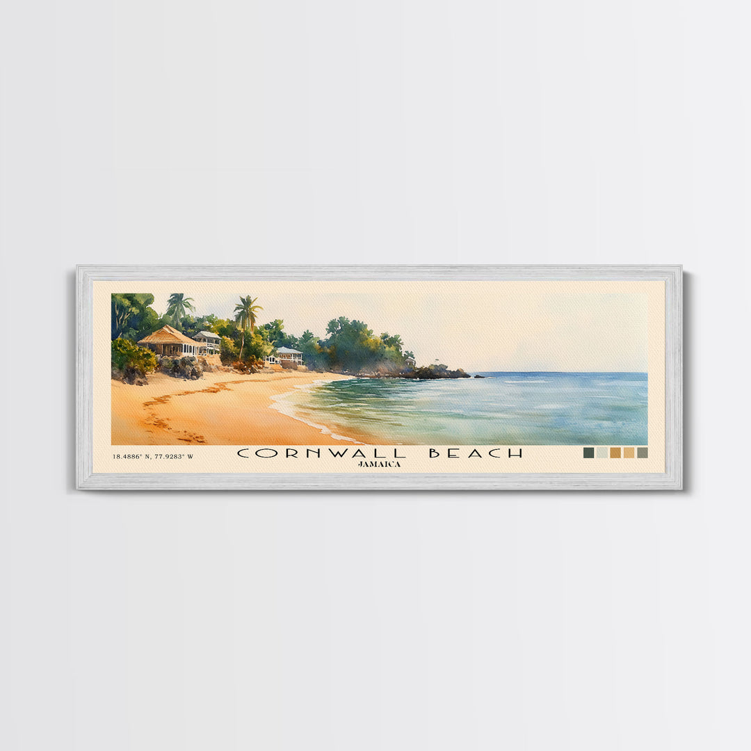 Cornwall Beach, Jamaica Watercolor Beach Print, Vacation Gift, Jamaica Wall Art, Framed Canvas Print, Framed Beach Painting