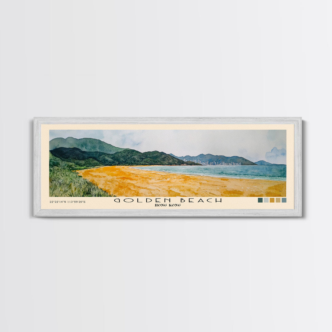 Golden Beach, Hong Kong Watercolor Print, Vacation Gift, Hong Kong Wall Art, Beach Painting, Beach Decor, Large Wall Art, Wood Frame Art