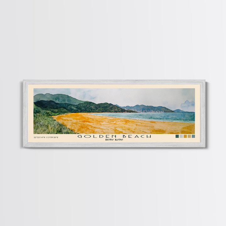 Golden Beach, Hong Kong Watercolor Print, Vacation Gift, Hong Kong Wall Art, Beach Painting, Beach Decor, Large Wall Art, Wood Frame Art