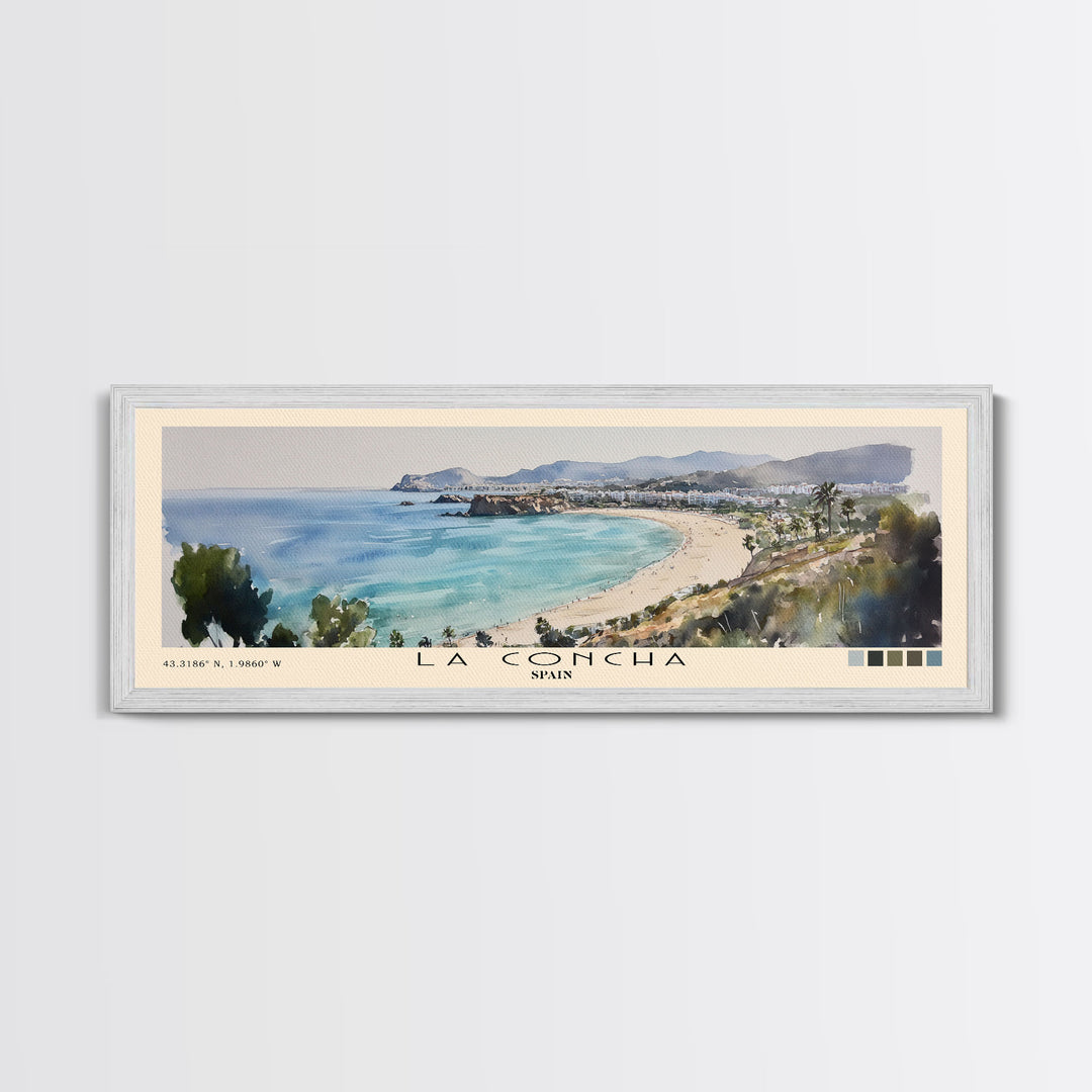 La Concha, Spain Watercolor Print, Vacation Gift, Spain Wall Art, Beach Painting, Beach Decor, Large Wall Art, Wood Frame Art