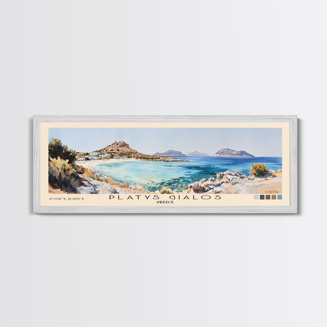Platys Gialos, Greece Watercolor Beach Print, Vacation Gift, Greece Wall Art, Framed Canvas Print, Framed Beach Painting