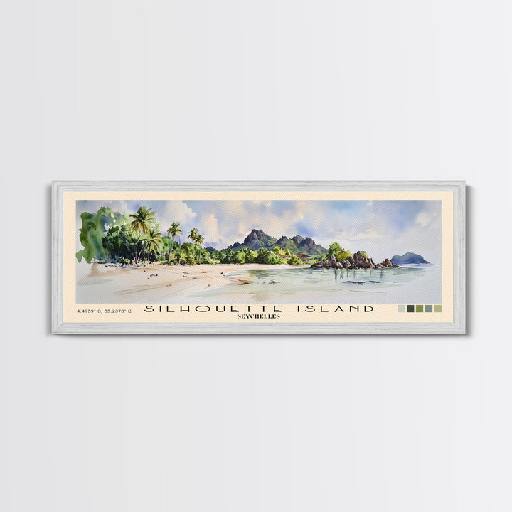 Silhouette Island, Seychelles Watercolor Print, Vacation Gift, Seychelles Wall Art, Beach Painting, Beach Decor, Large Wall Art, Wood Frame Art