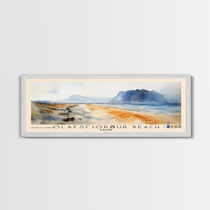 Ólafsfjörður Beach, Iceland Watercolor Print, Vacation Gift, Iceland Wall Art, Beach Painting, Beach Decor, Large Wall Art, Wood Frame Art