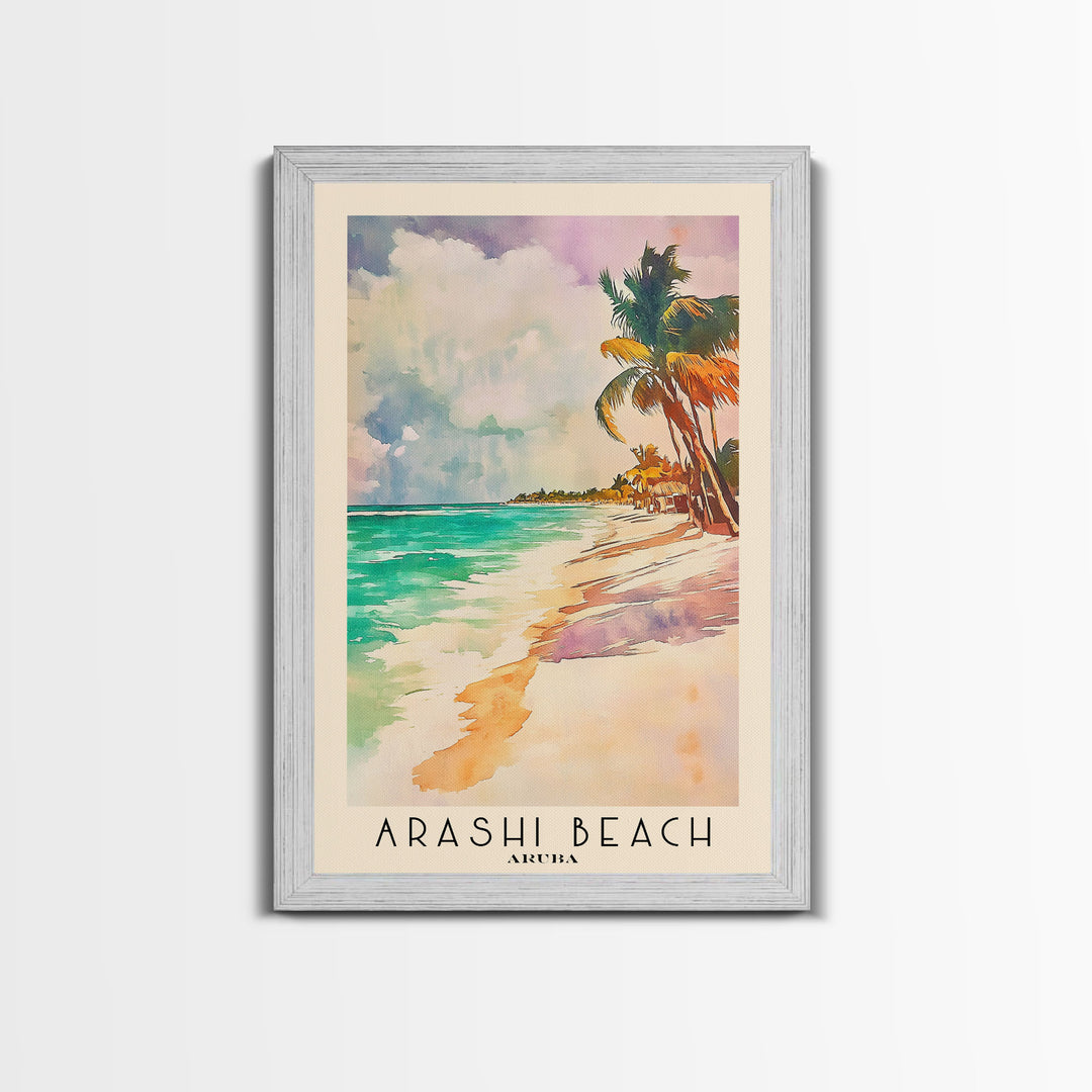 Arashi Beach, Aruba Watercolor Beach Print, Vacation Gift, Aruba Wall Art, Framed Canvas Print, Framed Beach Painting