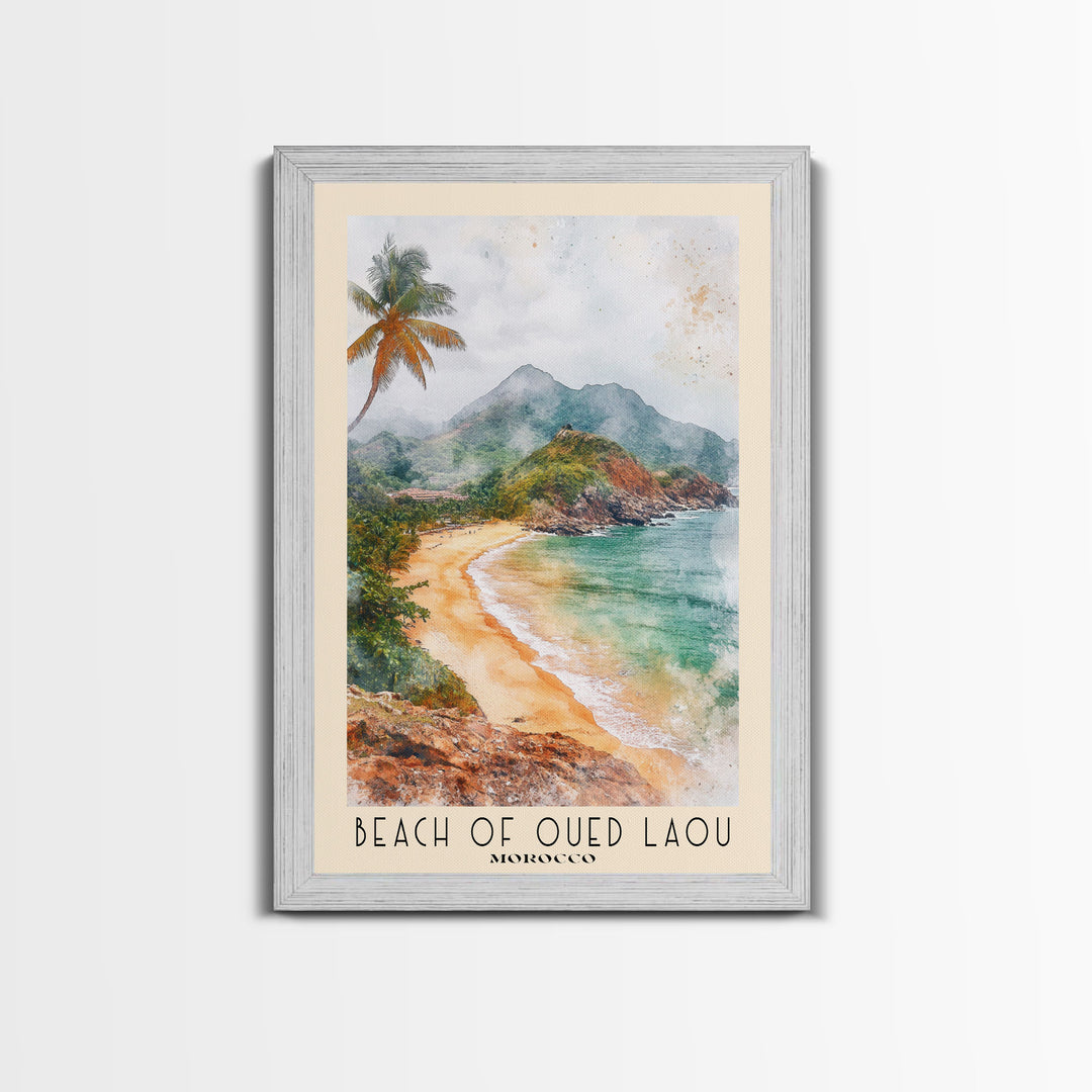 Beach of Oued Laou, Morocco Watercolor Print, Vacation Gift, Morocco Wall Art, Beach Painting, Beach Decor, Large Wall Art, Wood Frame Art