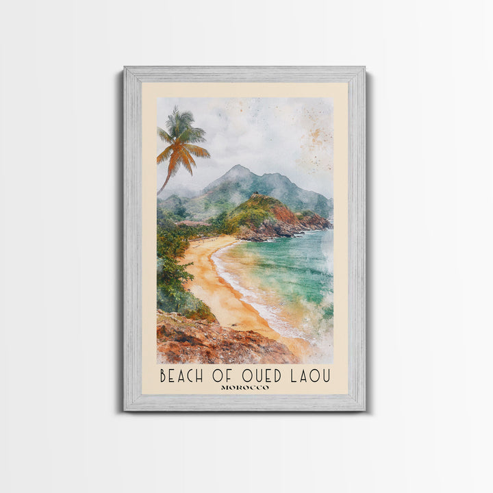 Beach of Oued Laou, Morocco Watercolor Print, Vacation Gift, Morocco Wall Art, Beach Painting, Beach Decor, Large Wall Art, Wood Frame Art