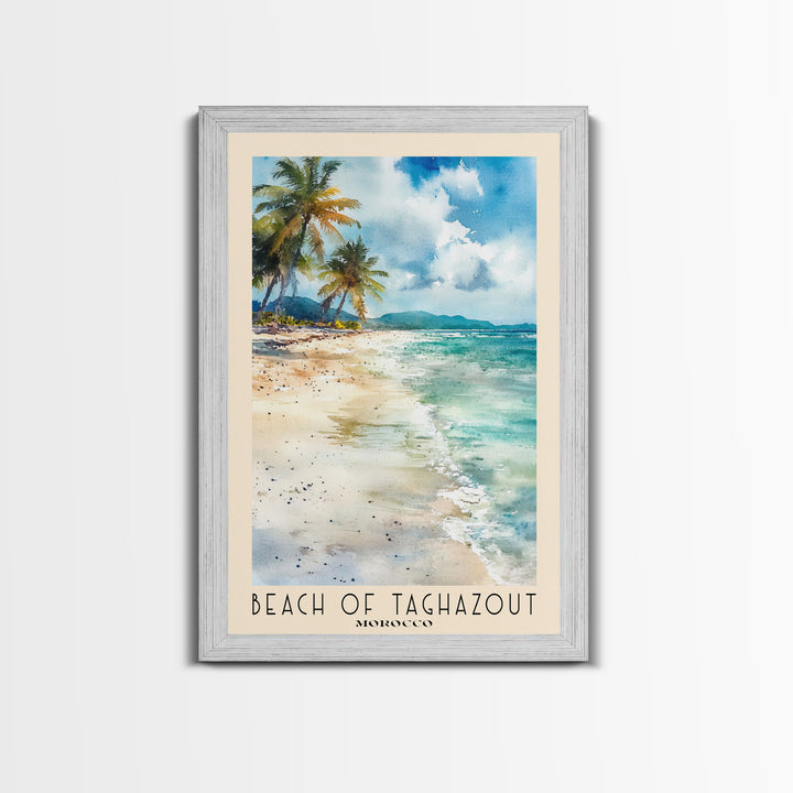 Beach of Taghazout, Morocco Watercolor Beach Print, Vacation Gift, Morocco Wall Art, Framed Canvas Print, Framed Beach Painting