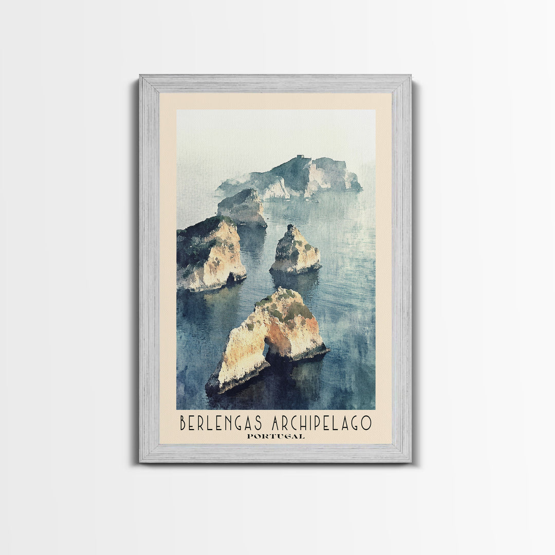 Berlengas Archipelago, Portugal Watercolor Print, Vacation Gift, Portugal Wall Art, Beach Painting, Beach Decor, Large Wall Art, Wood Frame Art