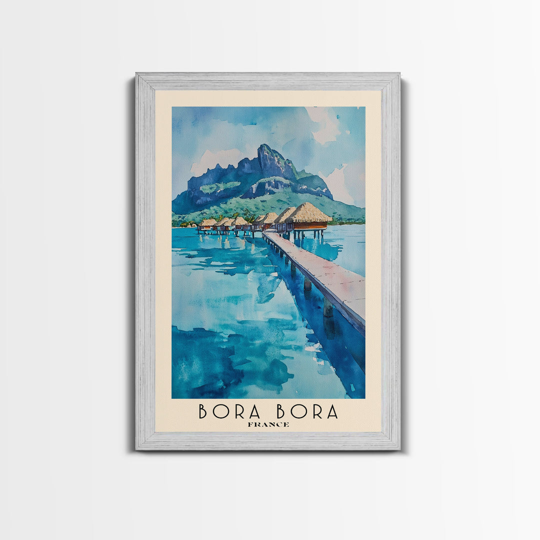 Bora Bora, France Watercolor Beach Print, Vacation Gift, France Wall Art, Framed Canvas Print, Framed Beach Painting