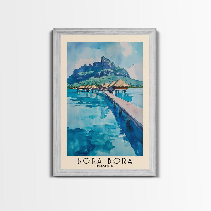 Bora Bora, France Watercolor Beach Print, Vacation Gift, France Wall Art, Framed Canvas Print, Framed Beach Painting