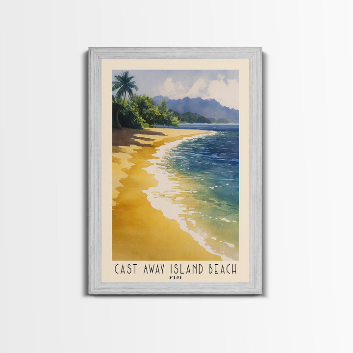 Cast Away Island Beach, Fiji Watercolor Print, Vacation Gift, Fiji Wall Art, Beach Painting, Beach Decor, Large Wall Art, Wood Frame Art