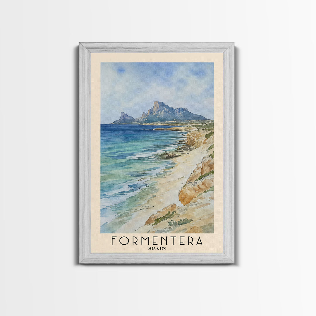 Formentera, Spain Watercolor Print, Vacation Gift, Spain Wall Art, Beach Painting, Beach Decor, Large Wall Art, Wood Frame Art