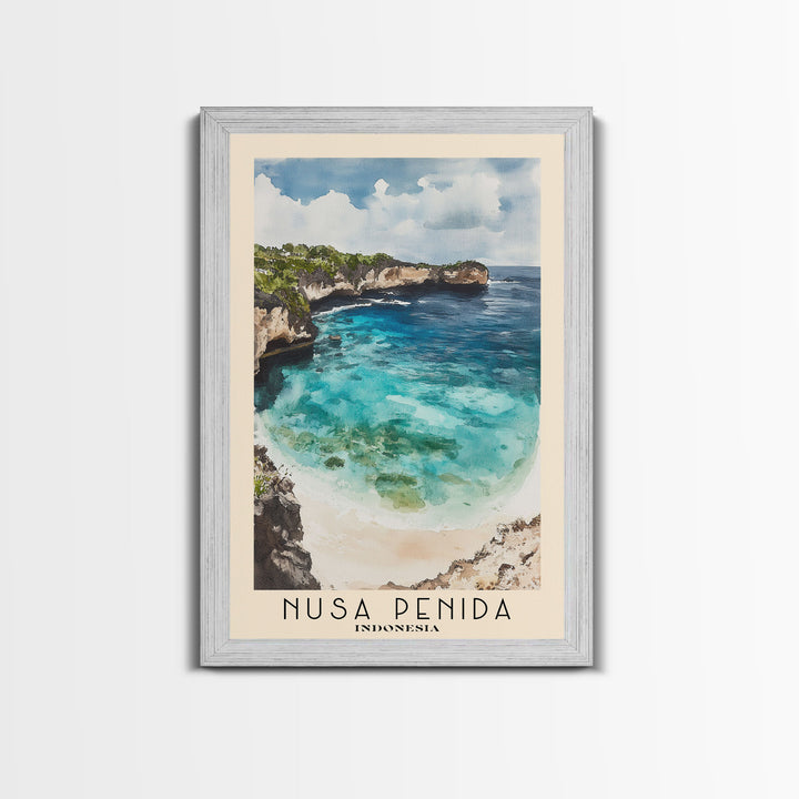 Nusa Penida, Indonesia Watercolor Beach Print, Vacation Gift, Indonesia Wall Art, Framed Canvas Print, Framed Beach Painting