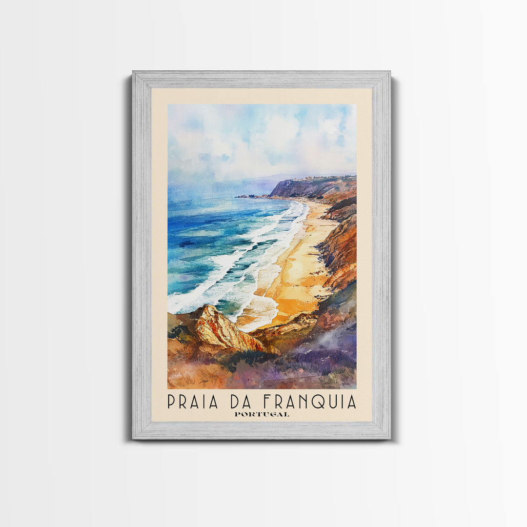 Praia da Franquia, Portugal Watercolor Print, Vacation Gift, Portugal Wall Art, Beach Painting, Beach Decor, Large Wall Art, Wood Frame Art
